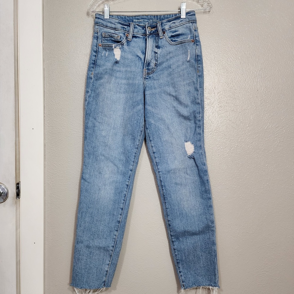 Old Navy Alma OG Straight Jeans Womens Size 0 Blue Distressed Frayed Hem Pants